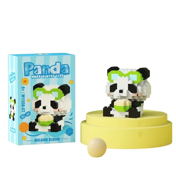 Set de Constructie, Flippy, Model Panda cu Suc de Cocos, 168 Piese, Model 3D, Jucarie Educativa STEM, +6 Ani, Plastic ABS, 7.8 x 4.1 x 11.3 cm, Albastru Deschis