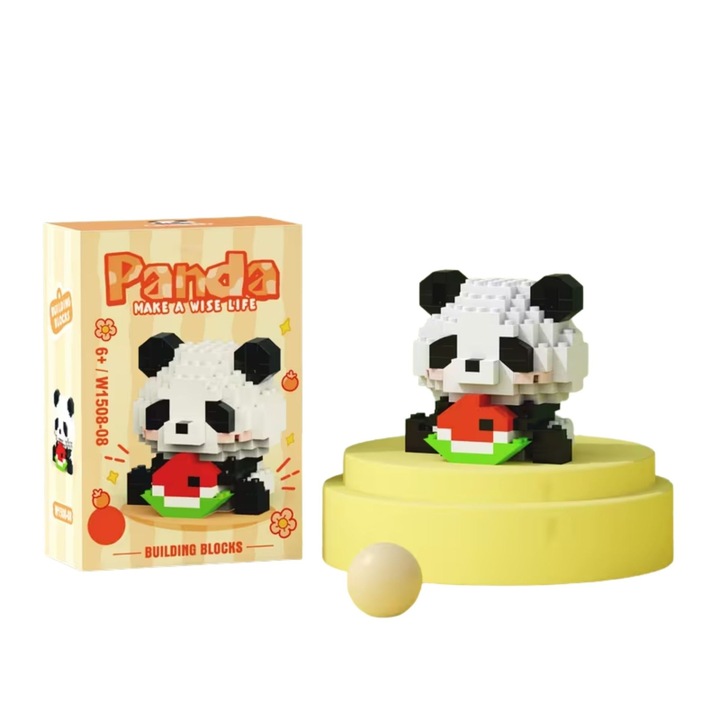 Set de Constructie, Flippy, Model Panda cu Pepene Verde, 160 Piese, Model 3D, Jucarie Educativa STEM, +6 Ani, Plastic ABS, 7.8 x 4.1 x 11.3 cm, Portocaliu
