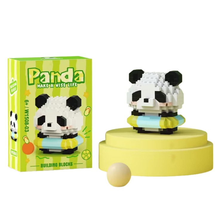 Set de Constructie, Flippy, Model Panda cu Cerc de Inot, 180 Piese, Model 3D, Jucarie Educativa STEM, +6 Ani, Plastic ABS, 7.8 x 4.1 x 11.3 cm, Verde Deschis