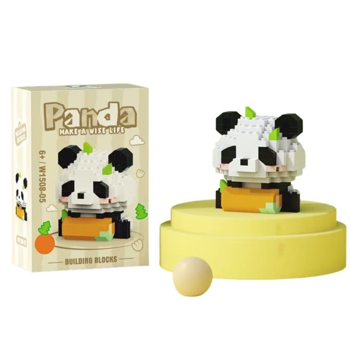 Set de Constructie, Flippy, Model Panda cu Lemn, 167 Piese, Model 3D, Jucarie Educativa STEM, +6 Ani, Plastic ABS, 7.8 x 4.1 x 11.3 cm, Bej