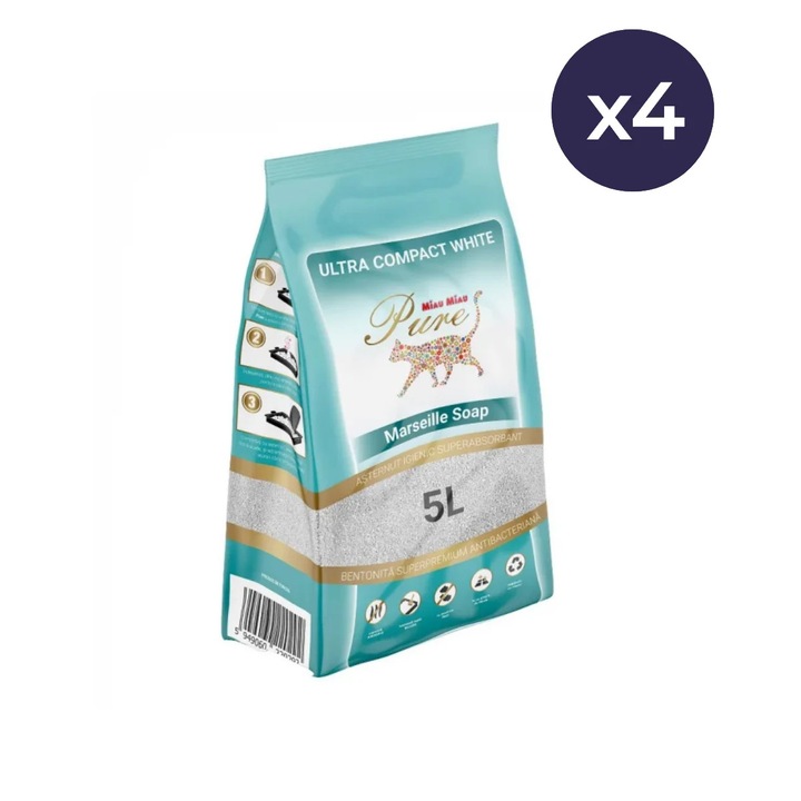 Asternut igienic bentonita Miau Miau cu miros de sapun 4 buc*5 l