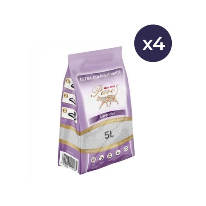 Asternut igienic bentonita Miau Miau cu miros de lavanda 4 buc*5 l