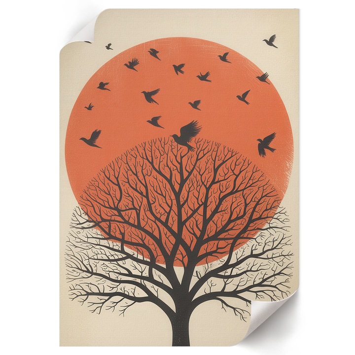 Poster A2 Canvas Decorativ, Wallfluent, Copac Si Pasari, Portocaliu, 42 x 59.4 cm, Decor Perete Interior, Pentru Living Sau Dormitor, 010030020220000293818