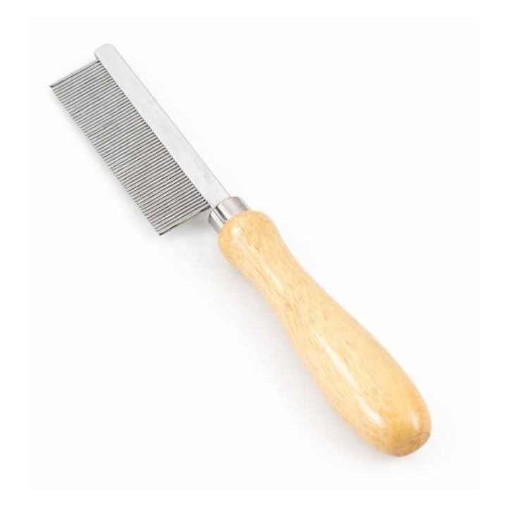 Pieptene profesional Tritra, dinti fini, maner lemn, pentru caini si pisici