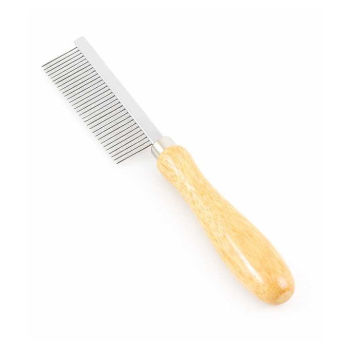 Pieptene profesional Tritra 1702.120 cu dinti rari, maner lemn, pentru caini si pisici