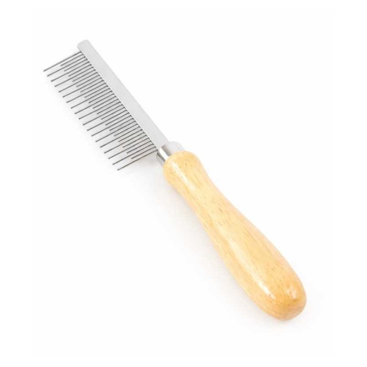 Pieptene profesional Tritra 1702.130 cu dinti inegali, maner lemn, pentru caini si pisici