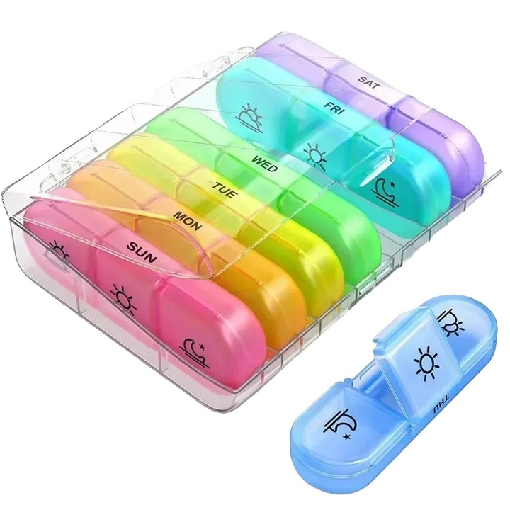 Cutie pentru pastile, 21 compartimente, design portabil, multicolor