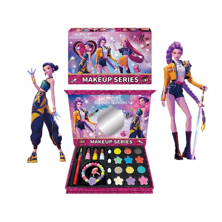 Acest set cosmetic pentru copii include ruj, fard de pleoape, blush, inel, bratara si pensule de machiaj. Este un set de infrumusetare colorat si portabil, potrivit pentru fetite cu varsta de 5 ani si peste
