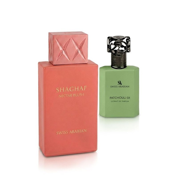 Set cadou parfum unisex Swiss Arabian Shaghaf Nectar Blush Extrait de Parfum 50 ml, Apa de parfum Shaghaf 75 ml, aromă de patchouli