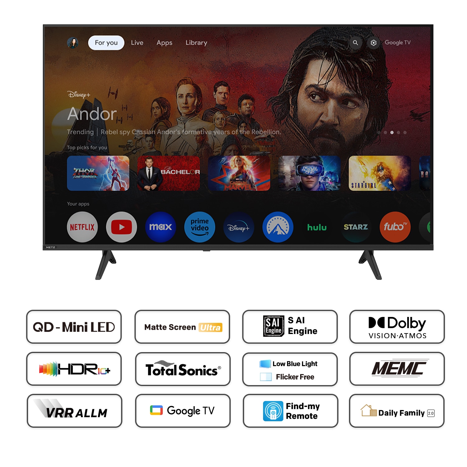 Televizor METZ QD-MiniLed 75MNH7000Z, 189 cm, Smart Google TV, 4K Ultra HD, Clasa E (Model 2026)