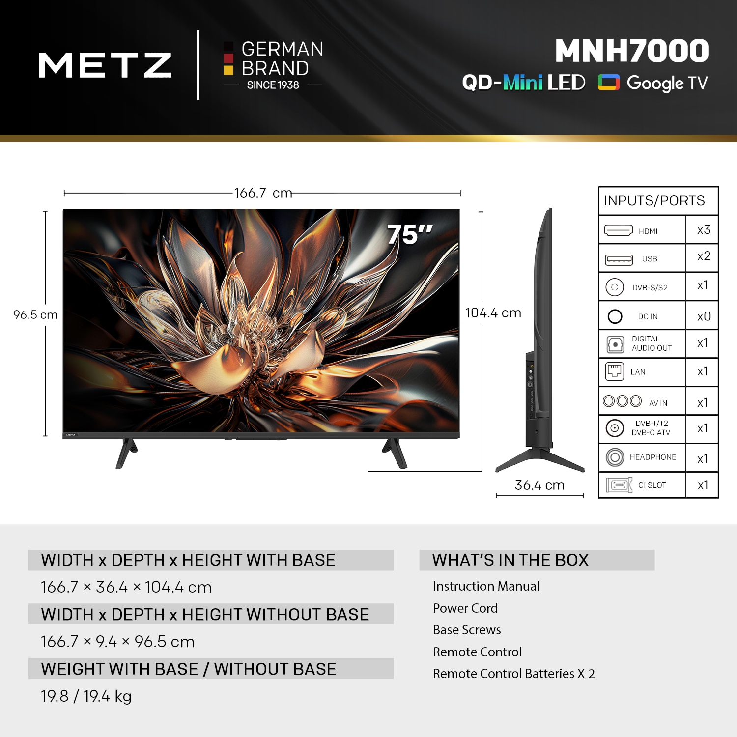 Televizor METZ QD-MiniLed 75MNH7000Z, 189 cm, Smart Google TV, 4K Ultra HD, Clasa E (Model 2026)