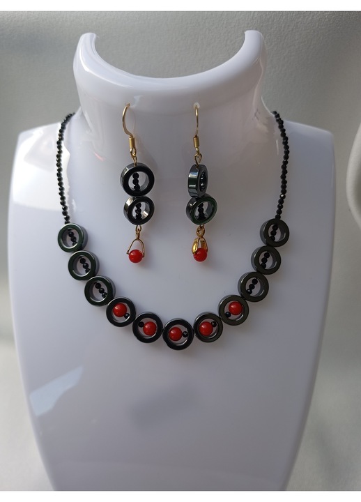 Set bijuterii cu Coral rosu, Spinel si Hematit negru