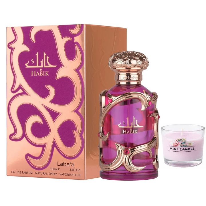 Set Parfum Lattafa Habik pentru femei, 100 ml, note de mosc, bergamota, cu lumanare parfumata