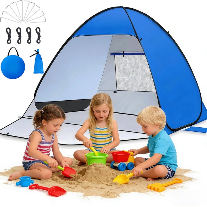 Cort plaja, cu UPF 50 + protectie UV, Pop-up, Ventilatie, Instalare in 3 sec, cu 10 cuie de cort si 4 cabluri de ancorare, panza acoperita cu argint 190T, Design cu fermoar bidirectional, pentru plaja, gradina, balcon, camping