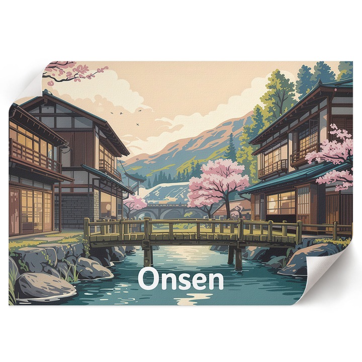 Dekoratív Poszter A1, Wallfluent, Japán Onsen táj, Bézs, 84 x 59.4 cm, Hálószoba és Nappali, Vászonkép, 010030020390000294928