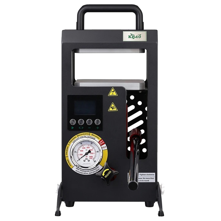 Hőprés KP-10, 10 tonna kapacitás, 150 x 150 mm alumíniumötvözet fűtőlapok, LCD kijelző, 700W, 90–260V tápellátás, 61 mm lapok közötti távolság, fekete