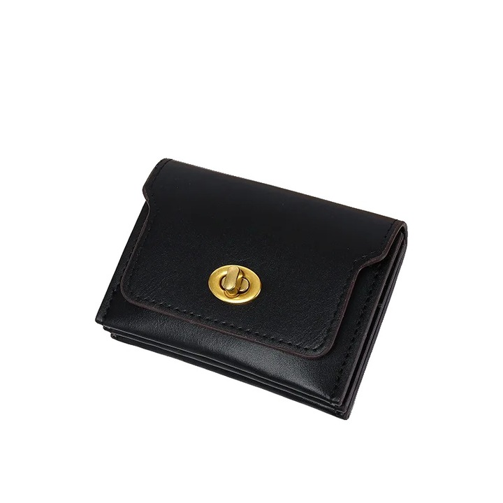Portofel compact, negru, design elegant, material din piele PU, dimensiune 11cm