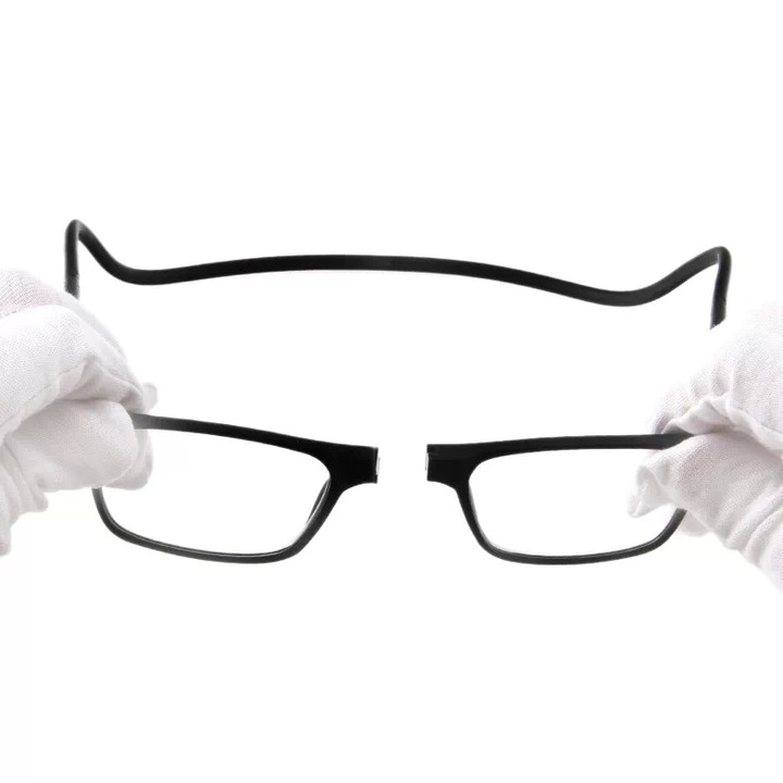 Ochelari de citit magnetici cu sistem de agatare la gat, portabili, ultra-usori, cu lentile anti-lumina albastra, pentru varstnici, +2.00, culoare neagra