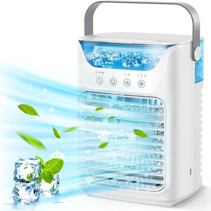Ventilator Portabil cu Racitor, 650 ML, 3 Viteze, Umidificator de Masa, Mini Aparat de Aer Conditionat Pentru Sufragerie, Dormitor, Birou, Ventilator Personal Mic, Alb