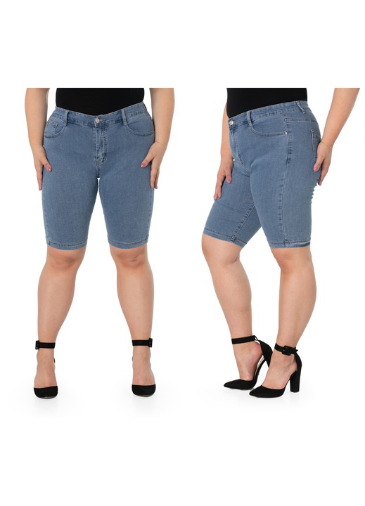 Pantaloni scurti dama Megitarnow blugi capri talie inalta, stretch, albastru