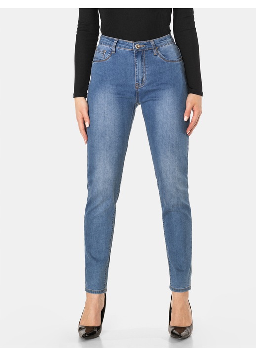 Blugi dama Megitarnow, Mom Jeans, Relaxed Fit, talie inalta, rupturi, albastru, denim elastic, M INTL