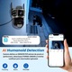 Външна WiFi камера за наблюдение Navaro 6MP с двоен обектив, 2.4GHz и 5GHz, Full HD, цветно нощно виждане IR, AI детекция на хора, автоматично проследяване, въртене 350° 90°, двупосочно аудио, SD карта, IP66 водоустойчива, контрол чрез приложение