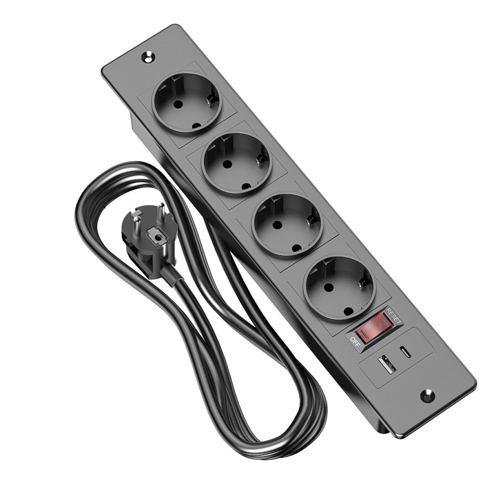 ChargeProX beépíthető elosztó, 4 aljzat, USB-A és USB-C portok, matt fekete, 1.5m kábel