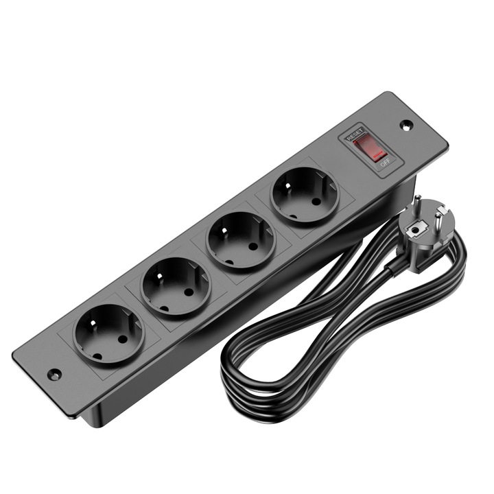 Разклонител ChargeProX, 4 контакта, матово черен дизайн, 1.5м кабел, вграден монтаж
