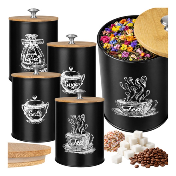 VarioShop 4 db-os élelmiszertároló készlet, 1.5 L űrtartalom, acél/bambusz, fekete, 16x11x13.2cm