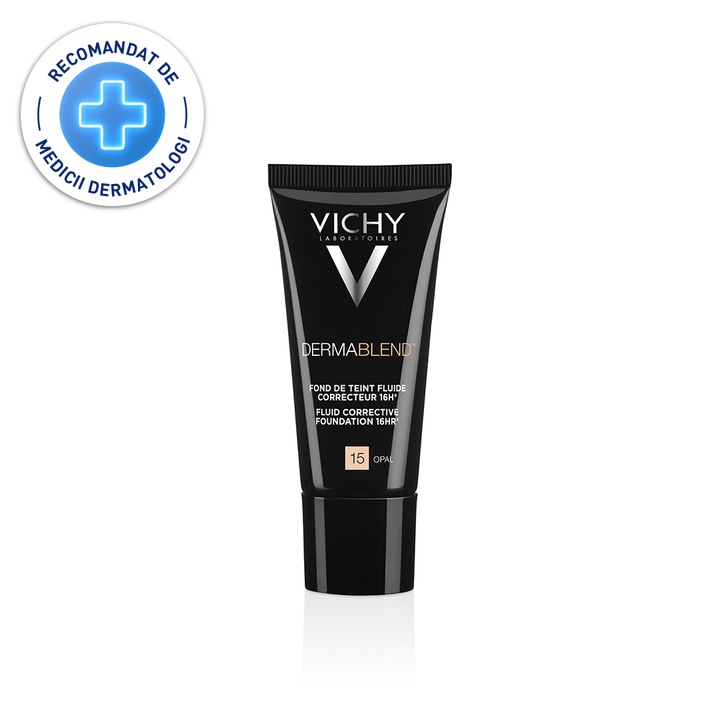 Fond de ten corector fluid rezistenta 16h SPF 35 Vichy Dermablend pentru tenul normal sau uscat Nuanta 15 Opal, 30 ml