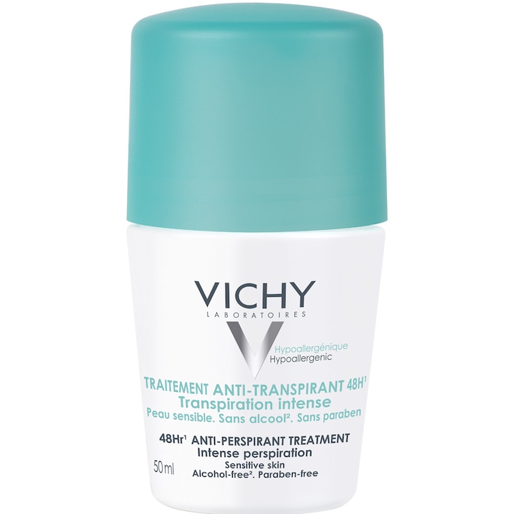 Deodorant roll-on antiperspirant Vichy cu parfum impotriva transpiratiei intense, 48h, 50 ml