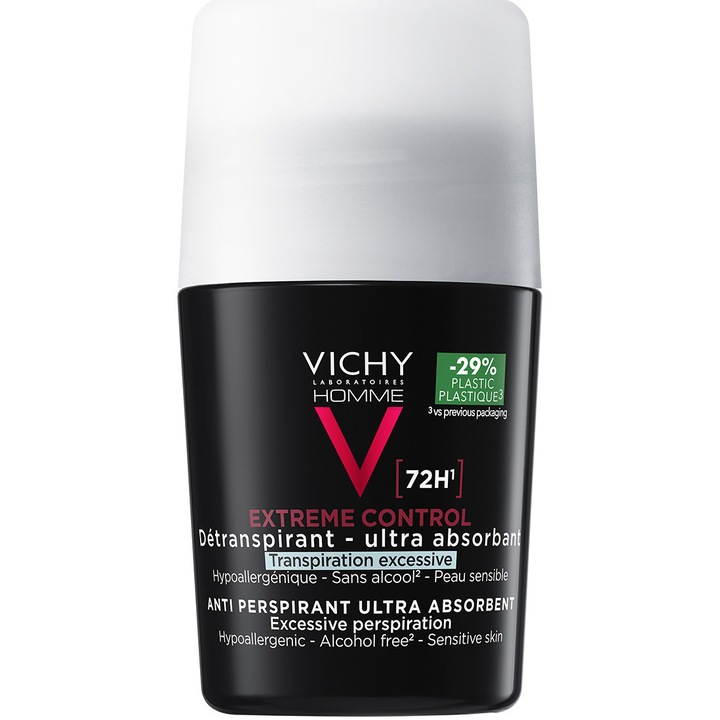 Vichy Homme рол-он дезодорант за мъже, с дълготраен ефект Extreme Control, 72 часа, 50 мл
