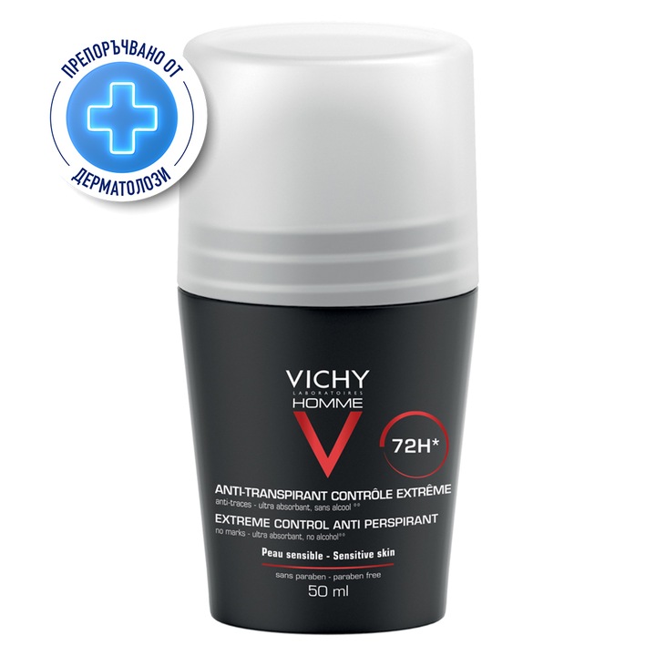 Vichy Homme рол-он дезодорант за мъже, с дълготраен ефект Extreme Control, 72 часа, 50 мл