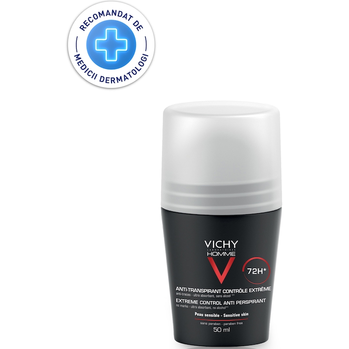 Deodorant roll-on Vichy Homme pentru barbati, cu efect de lunga durata Control Extrem, 72h, 50 ml