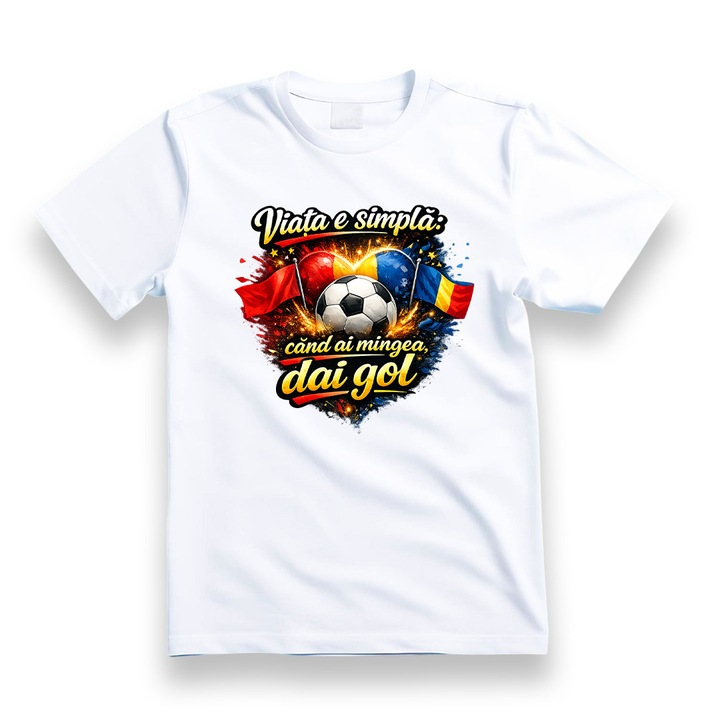 Tricou personalizat, mesaj 'Viata e simpla: cand ai mingea dai gol', bumbac 100%, alb, S