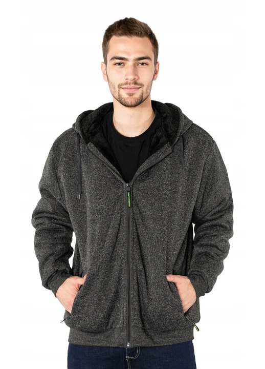Hanorac sportiv Megitarnow, gros, captusit cu blana, gluga, grafit, bumbac/poliester, 4XL INTL