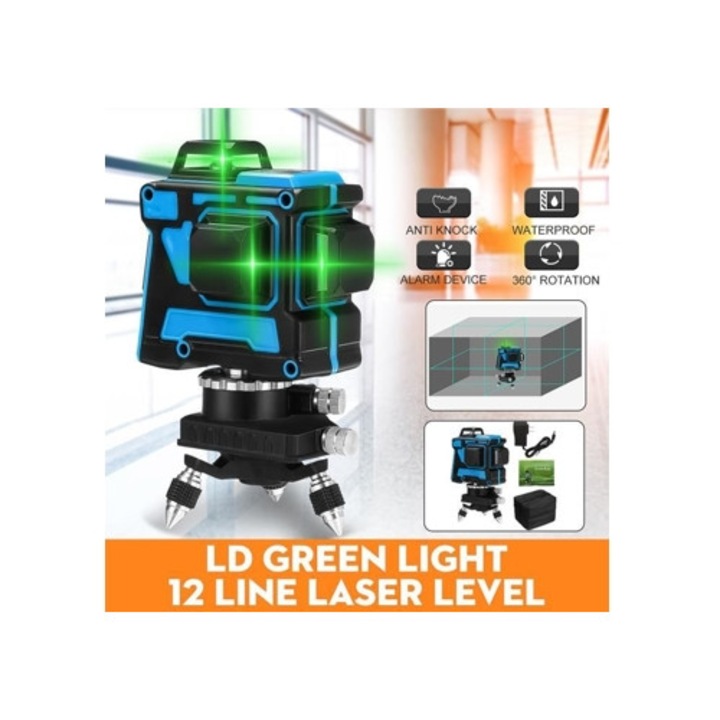 Nivel laser 3D 12 linii, tripied, albastru, precizie ridicata