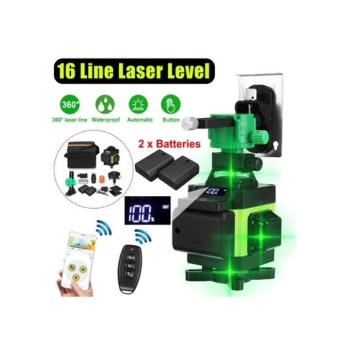 Nivel laser 4D LCD 16 linii 360 grade, 2 baterii, control prin aplicatie, suport de perete