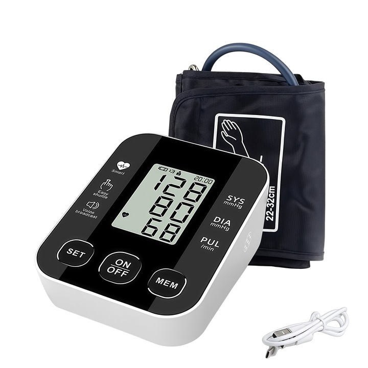 Tensiometru digital automat de brat cu anunt vocal, 100 memorii 2 utilizatori, manseta 360°, alimentare dubla USB/baterie, afisaj LCD mare, uz casnic portabil，alb-negru