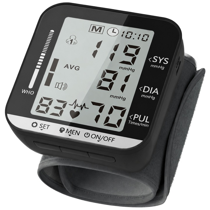 Tensiometru Pentru Incheietura Mainii cu Ecran LCD Mare, SDLOGAL, Masurare Automata, Monitorizare Simultana a Ritmului Cardiac si a Pulsului, Masurare a Circumferintei Incheieturii Mainii (13-19, 5 cm), 99 de Setari de Memorie, Negru