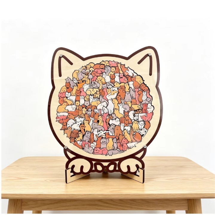 Puzzle din lemn cu pisici – Tonuri calde Maillard, decor 2 in 1, cadou pentru copii si iubitori de pisici