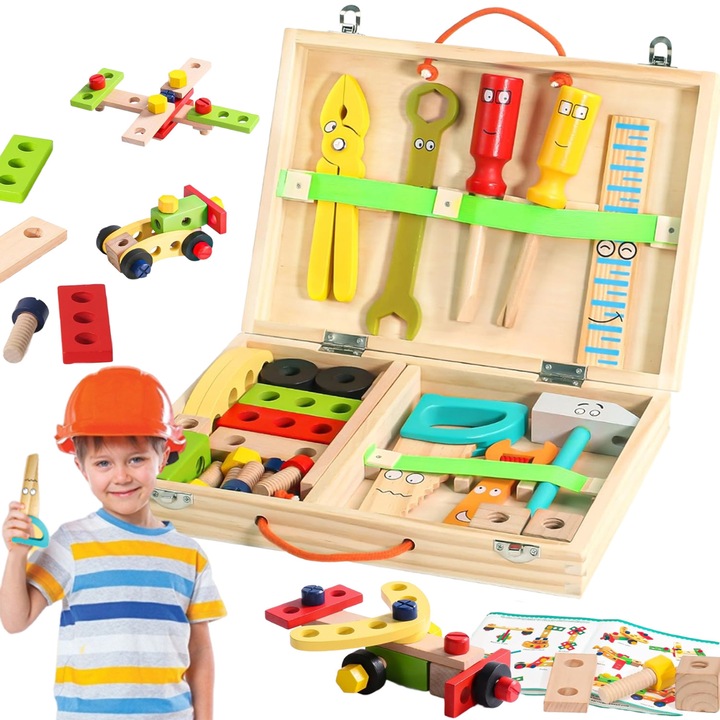 Montessori fa szerszámkészlet, Bedee, 34 darabos, Tárolódobozzal, oktatási STEM építőjáték, biztonságos anyagok gyerekeknek, sima élek, serkenti a képzeletet és a fejlődést, fiúknak és lányoknak 3 éves kortól