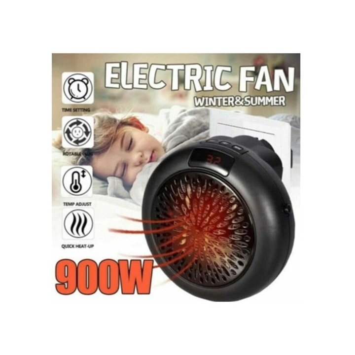 Kerek elektromos fűtőtest, falra szerelhető, 900W, fekete