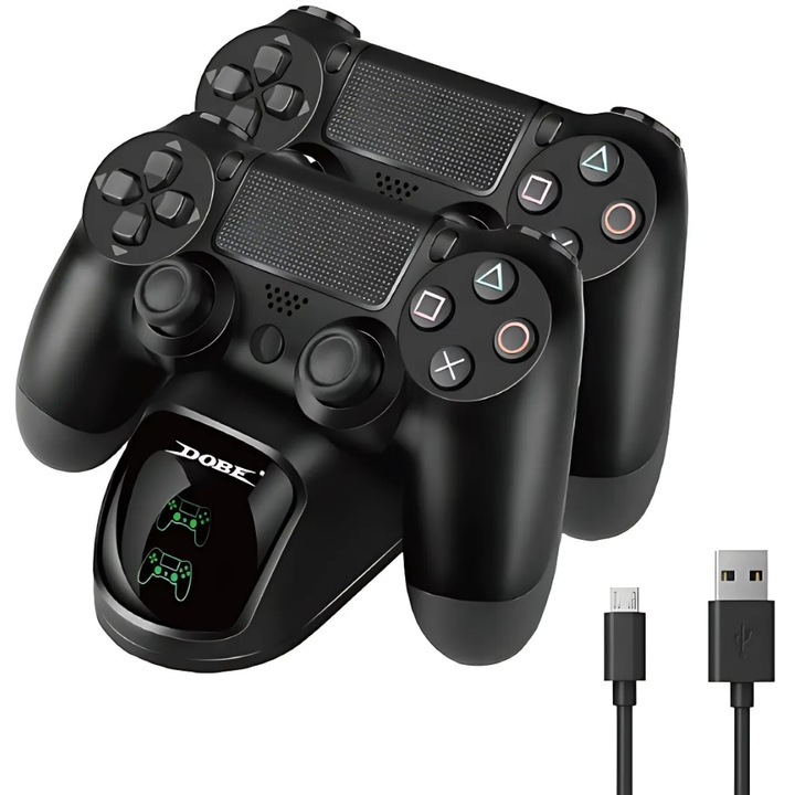 Statie incarcare console gaming Macvi® compatibila PS4 PS4 Pro PS4 Slim LED protectie supraincarcare 800 mAh ABS Premium negru