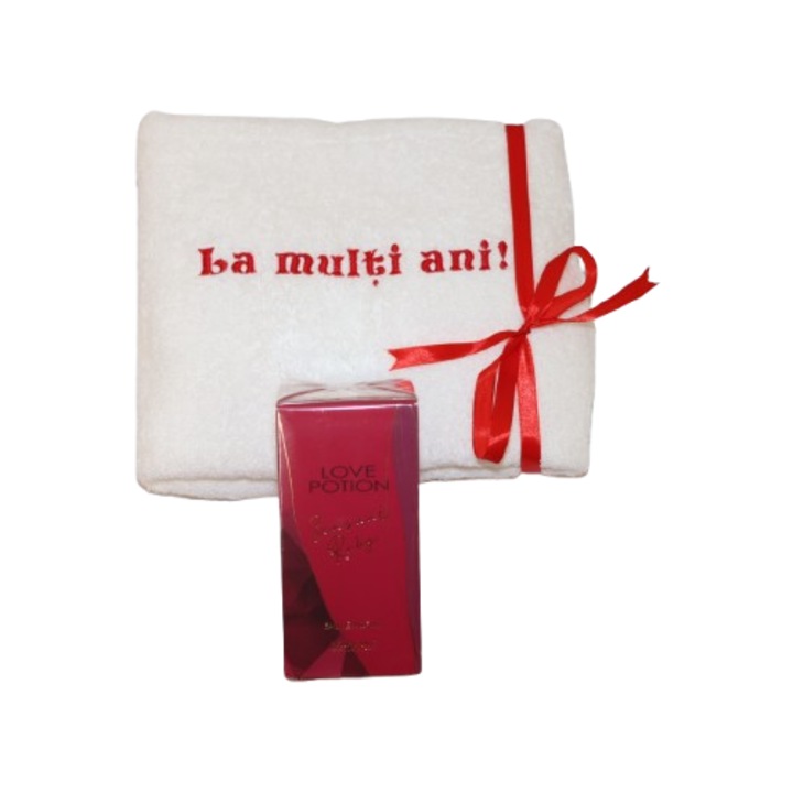 Set cadou parfumat Love Potion Sensual Ruby Oriflame 50 ml cu prosop brodat 48x90 cm