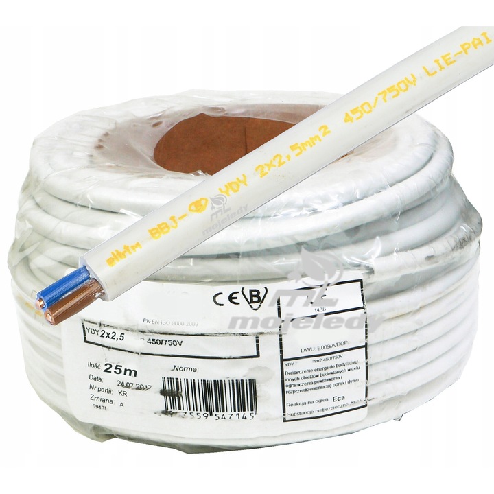 Cablu electric YDY, Mojeledy, 2x2,5mm, 2 fire, alb, 25m