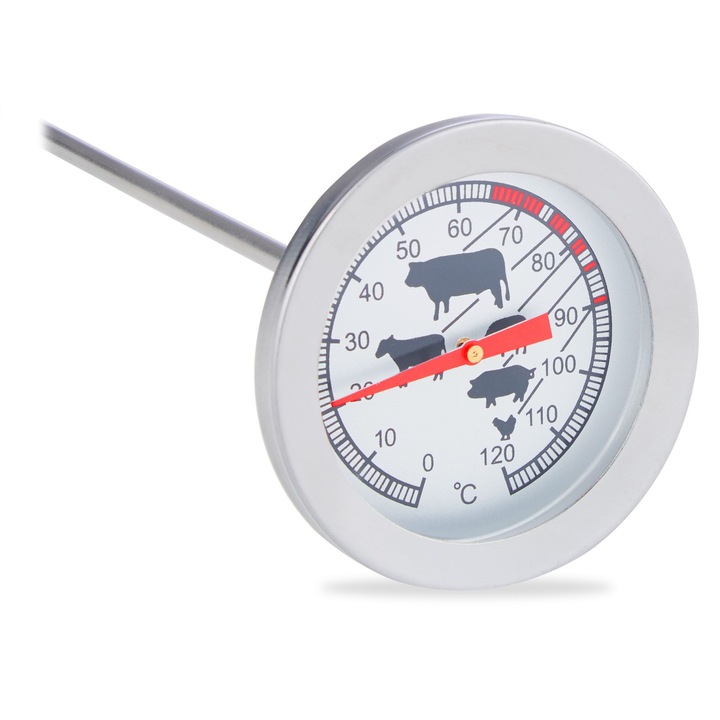 Termometru analogic din otel inoxidabil Relaxdays pentru carne, rezistent la caldura, cu indicatori de gatire, 15cm
