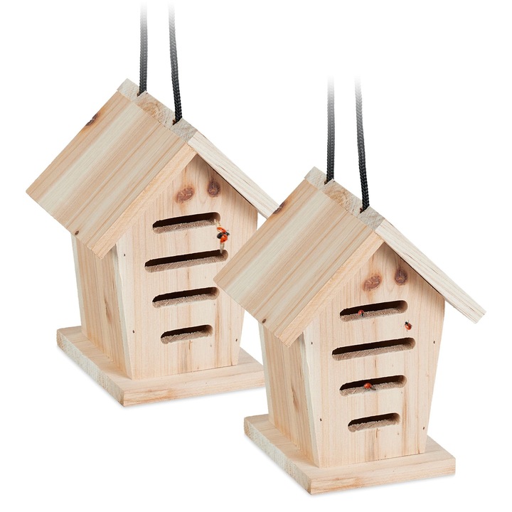 Set de 2 case din lemn natural pentru buburuze, Relaxdays, protectie pentru insecte, 20x15x10cm