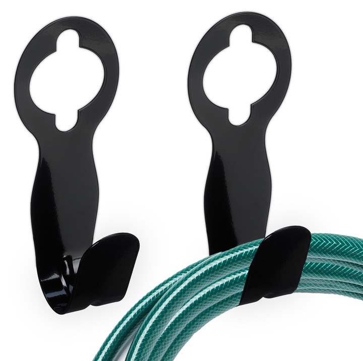 Set 2 suporturi pentru furtunuri, Relaxdays, negru, metal vopsit, rezistent la intemperii