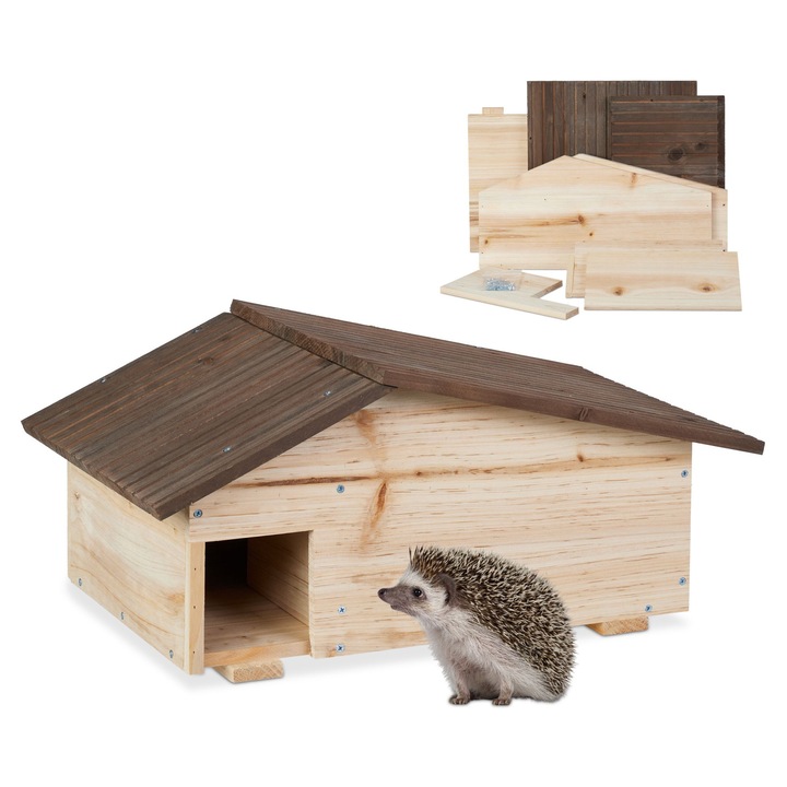 Casuta pentru arici Relaxdays, din lemn de pin, 2 camere, acoperis inclinat, 40x30x25cm